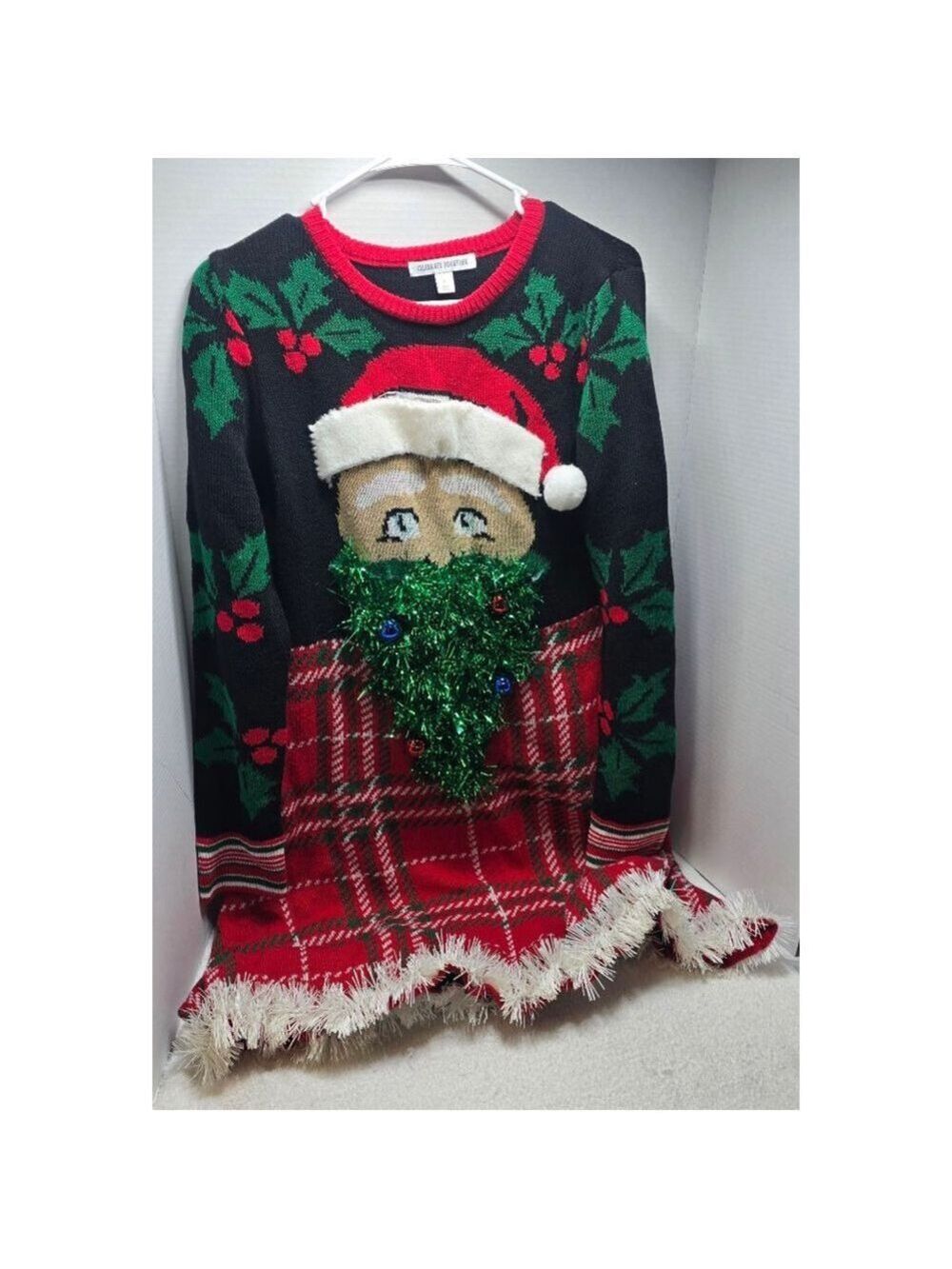 Women's CELEBRATE TOGETHER Crew Neck Sweater dress L Black Red Ugly Christmas